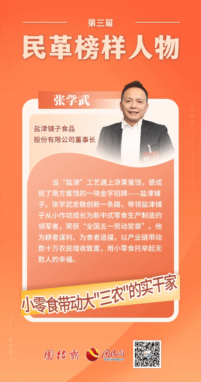 鹽津鋪子董事長張學(xué)武榮獲“民革榜樣人物”稱號! 鹽津鋪子董事長張學(xué)武榮獲“民革榜樣人物”稱號!